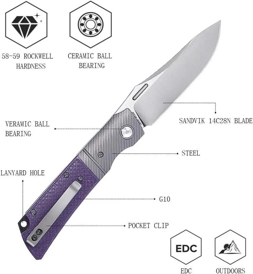 Folding knife for Man，Pocket Knife with Clip EDC Knife for - 3.46" 14C28N Steel Satin Blade with Steel Bolster & G10 Handle, Camping Knife for Outdoor Survival, Hiking, Fishing-XUN123-PGS