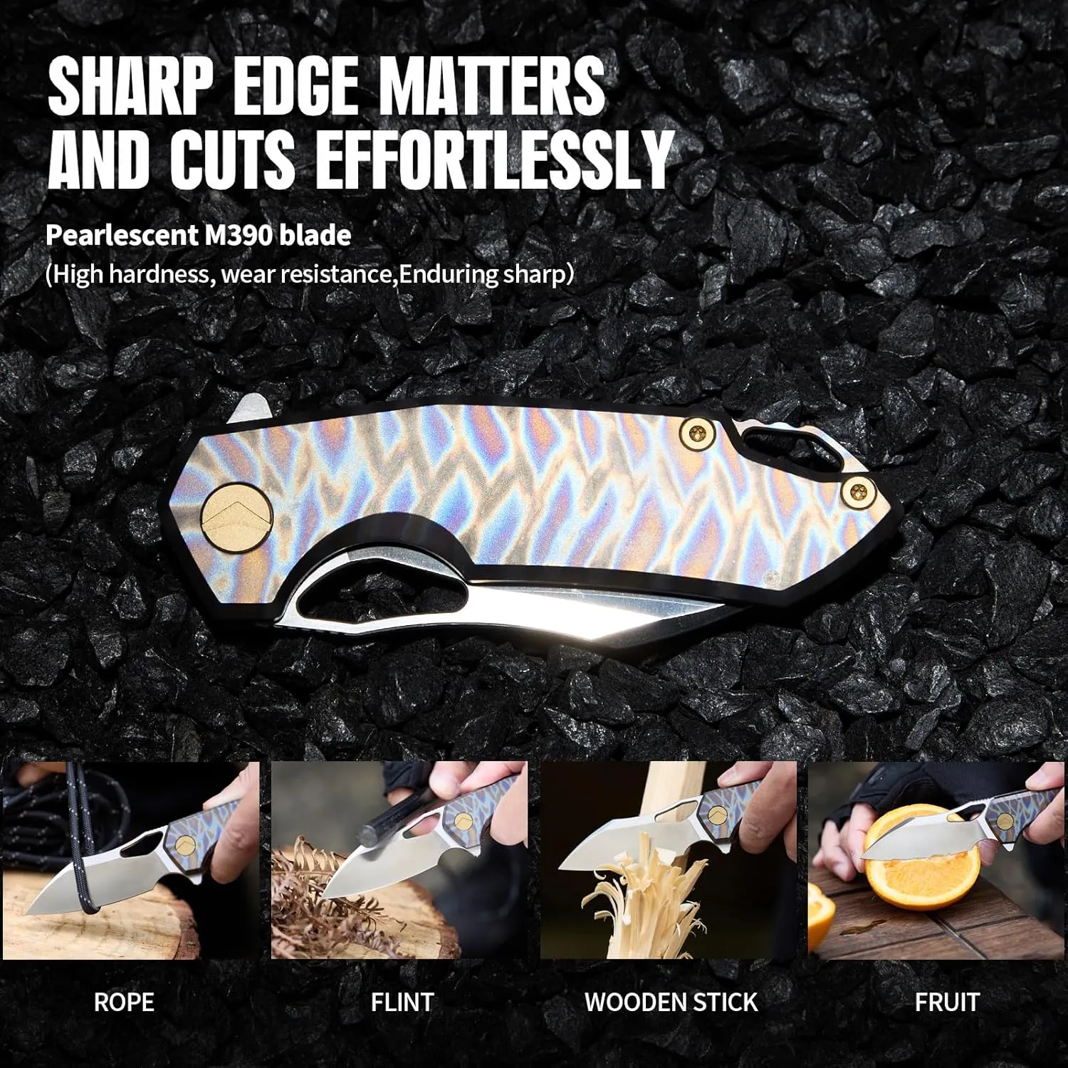 Folding Knife pocket knife EDC Knife With Clip Survival knife Camping knife - M390 Steel Titanium Handle - Outdoor Hiking Survival Hunting knife with Sheath (Colourful)