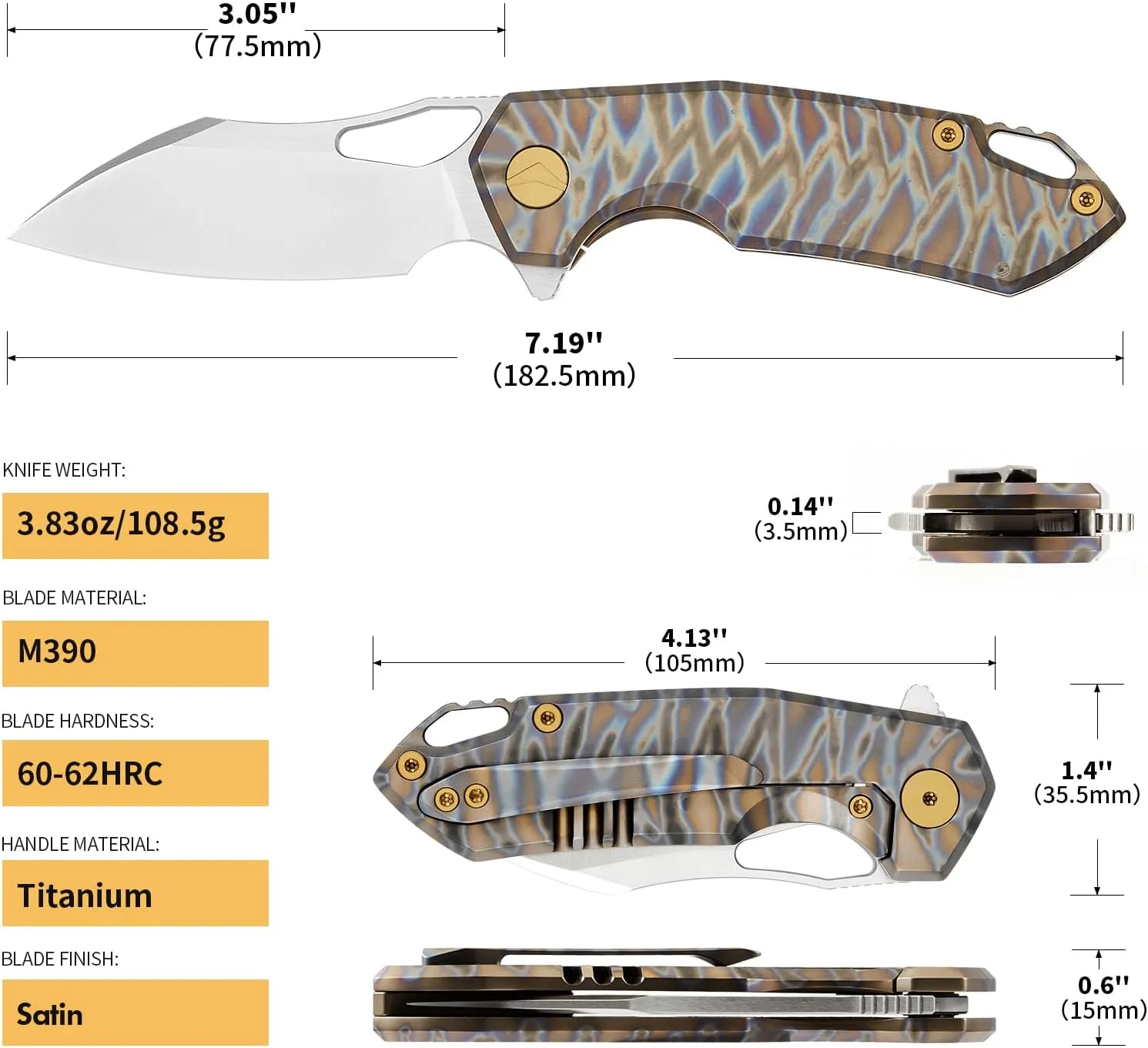 Folding Knife pocket knife EDC Knife With Clip Survival knife Camping knife - M390 Steel Titanium Handle - Outdoor Hiking Survival Hunting knife with Sheath (Colourful)