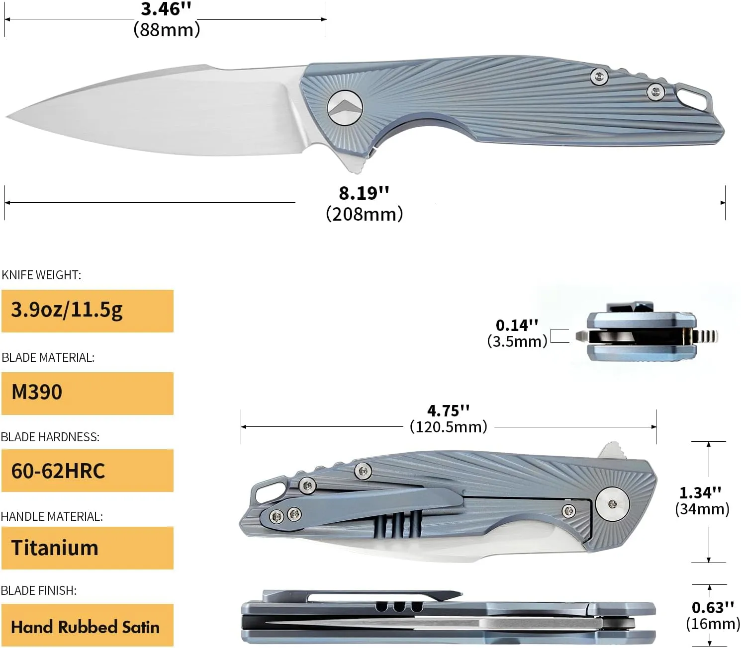 Folding Knife pocket knife EDC Knife With Clip Survival knife Hunting knife - M390 Steel Titanium Handle - Outdoor Hunting Survival Camping knife with Sheath (Blue)
