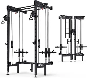Folding Squat Rack, Wall Mounted Power Rack with Cable Crossover Machine & LAT Pull Down Multi-Function Space-Saving Power Cage with 7 Adjustable Modes/Dual Pulley System/Pull-up Bar/360°Landmine