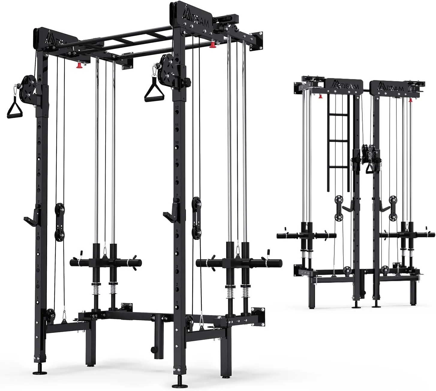 Folding Squat Rack, Wall Mounted Power Rack with Cable Crossover Machine & LAT Pull Down Multi-Function Space-Saving Power Cage with 7 Adjustable Modes/Dual Pulley System/Pull-up Bar/360°Landmine