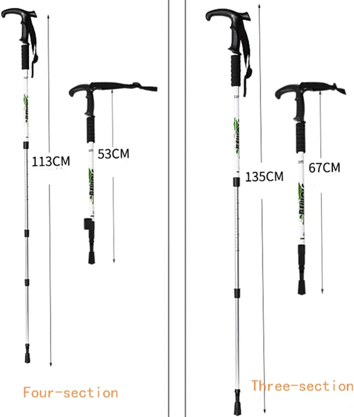 Folding Trekking Pole-Non-Slip Walking Stick-Trekking Cane Telescopic Straight Handle T Handle Crutch-67-135CM,White,4 T Handle