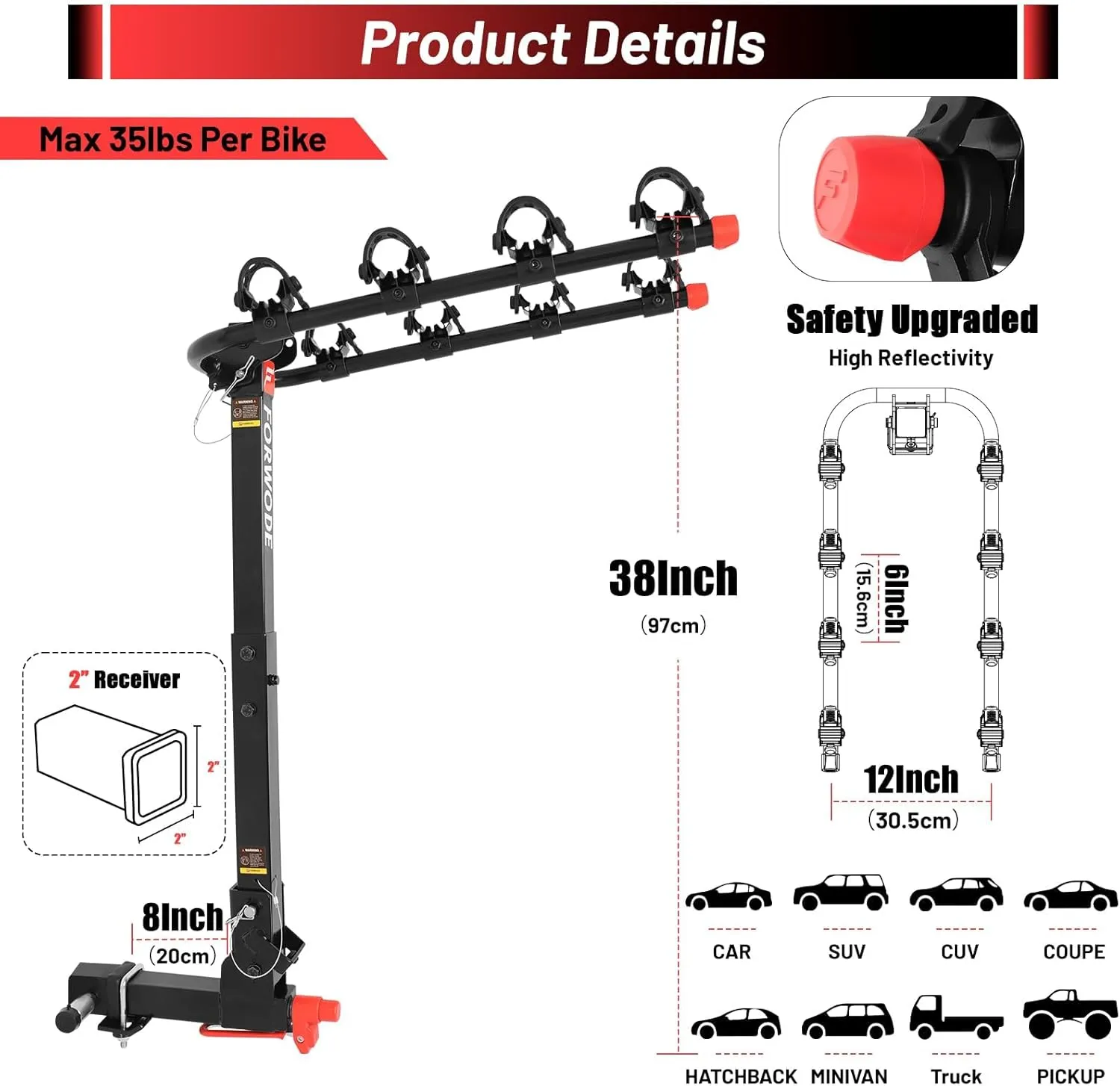 FORWODE Premium 2 Bike Hitch Mount Rack, Tiltable Foldable Bicycle Carrier Wobble Free Locking Hitch Quick Release 2-Inch Receiver Black (B- Standard Edition, 4Bike)