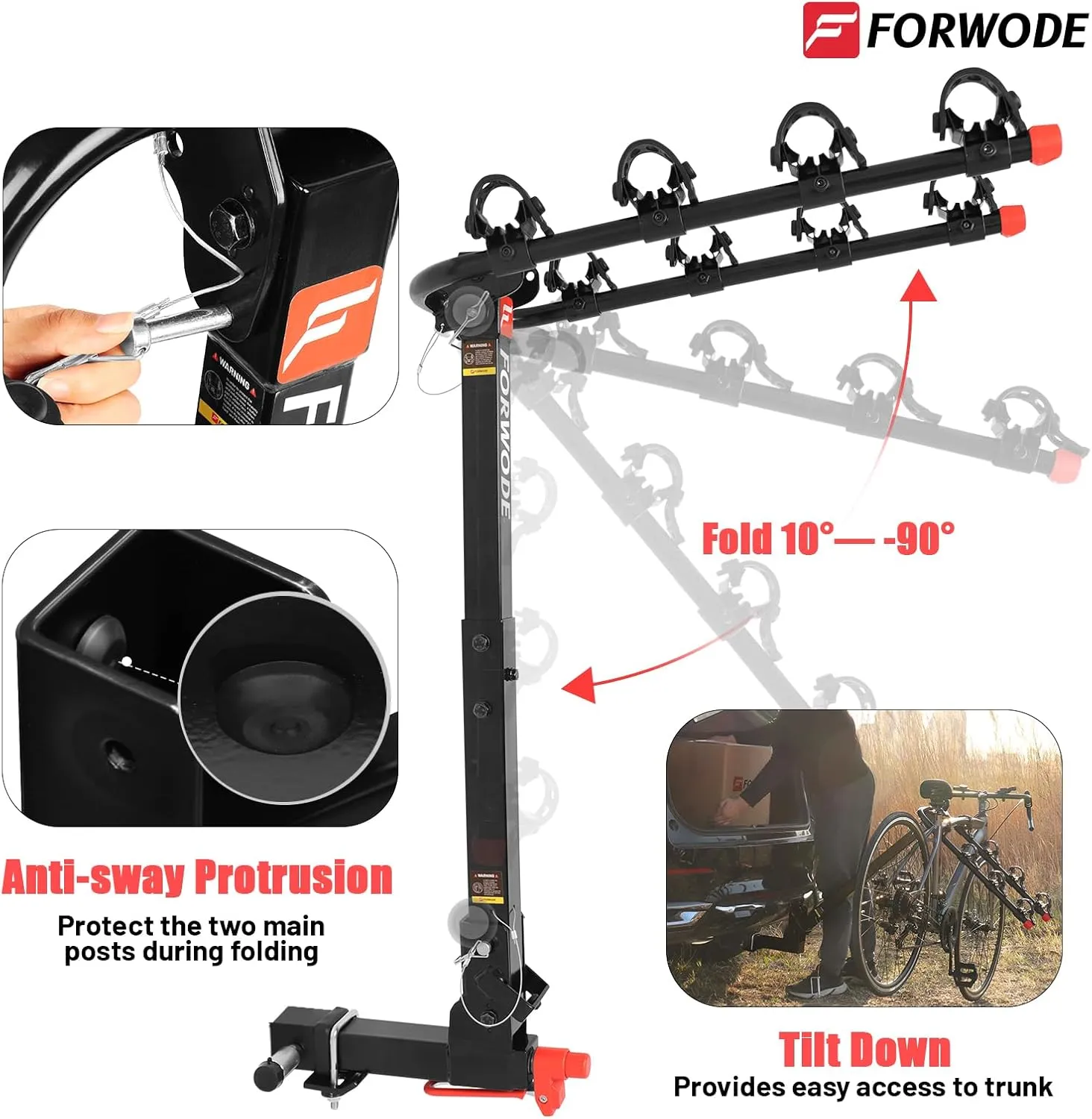 FORWODE Premium 2 Bike Hitch Mount Rack, Tiltable Foldable Bicycle Carrier Wobble Free Locking Hitch Quick Release 2-Inch Receiver Black (B- Standard Edition, 4Bike)