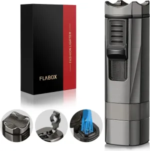 Four Jet Flame Torch Lighter with Punch and Holder, Windproof Torch Lighter Mutifuctional Refillable Butane Lighter, Delicate Box Gift for Men Husband on Birthday Black, Without Butane