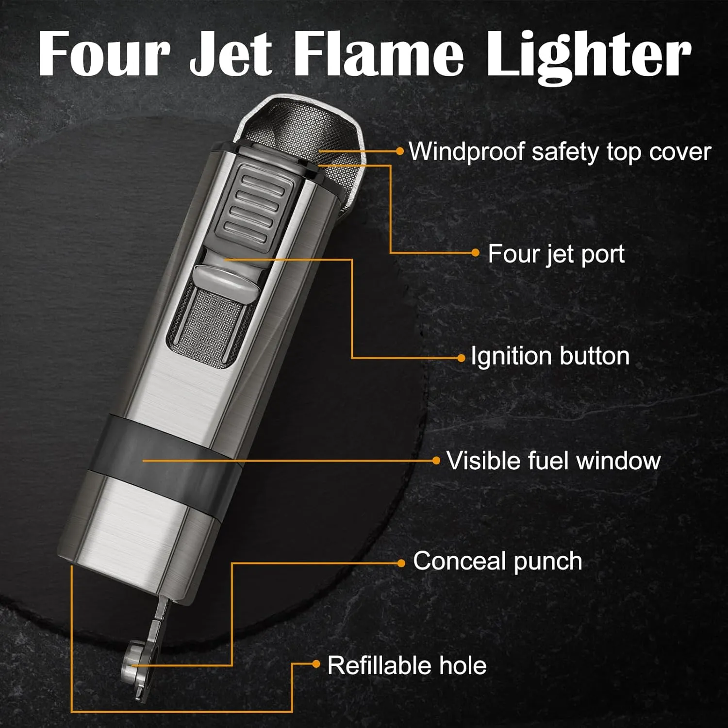 Four Jet Flame Torch Lighter with Punch and Holder, Windproof Torch Lighter Mutifuctional Refillable Butane Lighter, Delicate Box Gift for Men Husband on Birthday Black, Without Butane