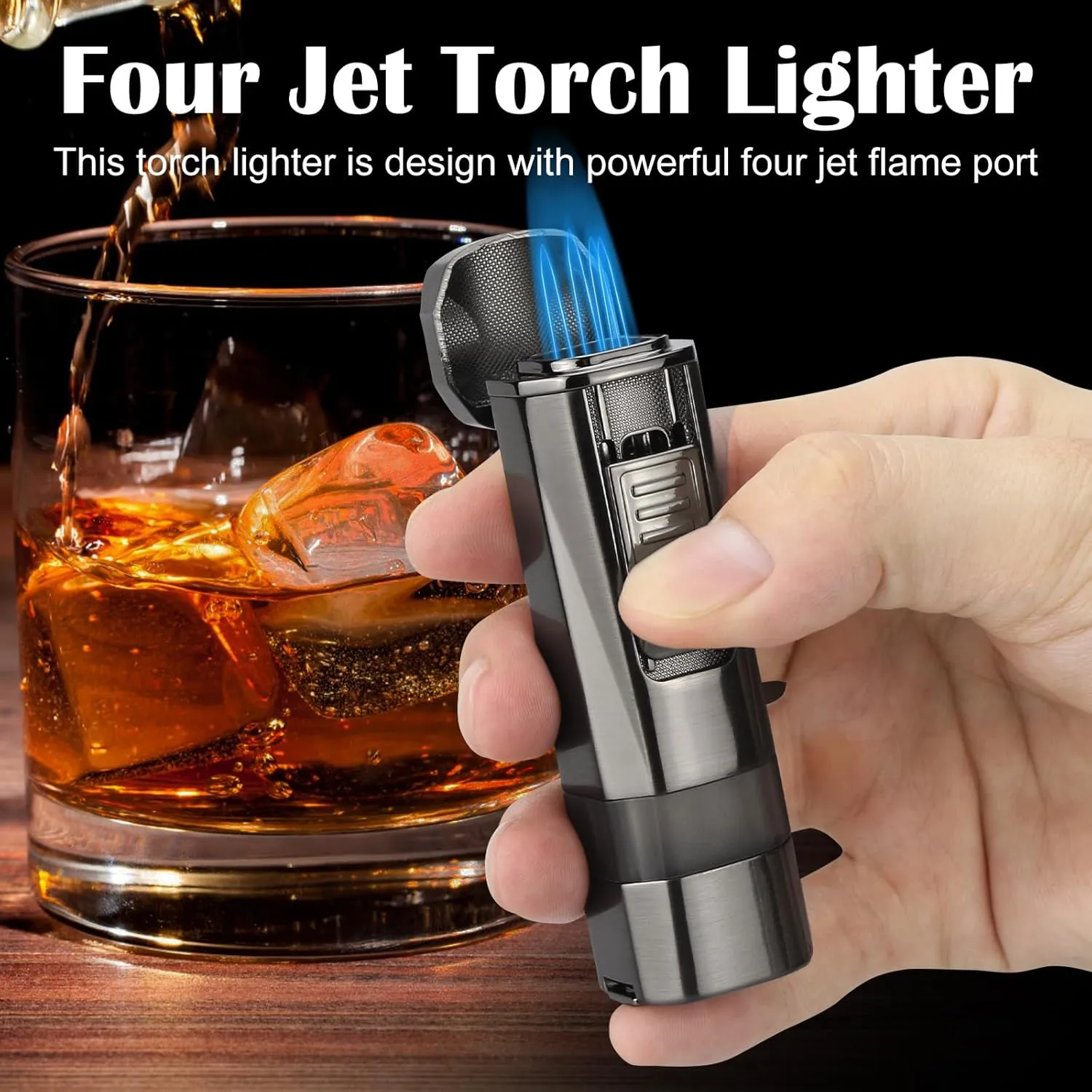 Four Jet Flame Torch Lighter with Punch and Holder, Windproof Torch Lighter Mutifuctional Refillable Butane Lighter, Delicate Box Gift for Men Husband on Birthday Black, Without Butane