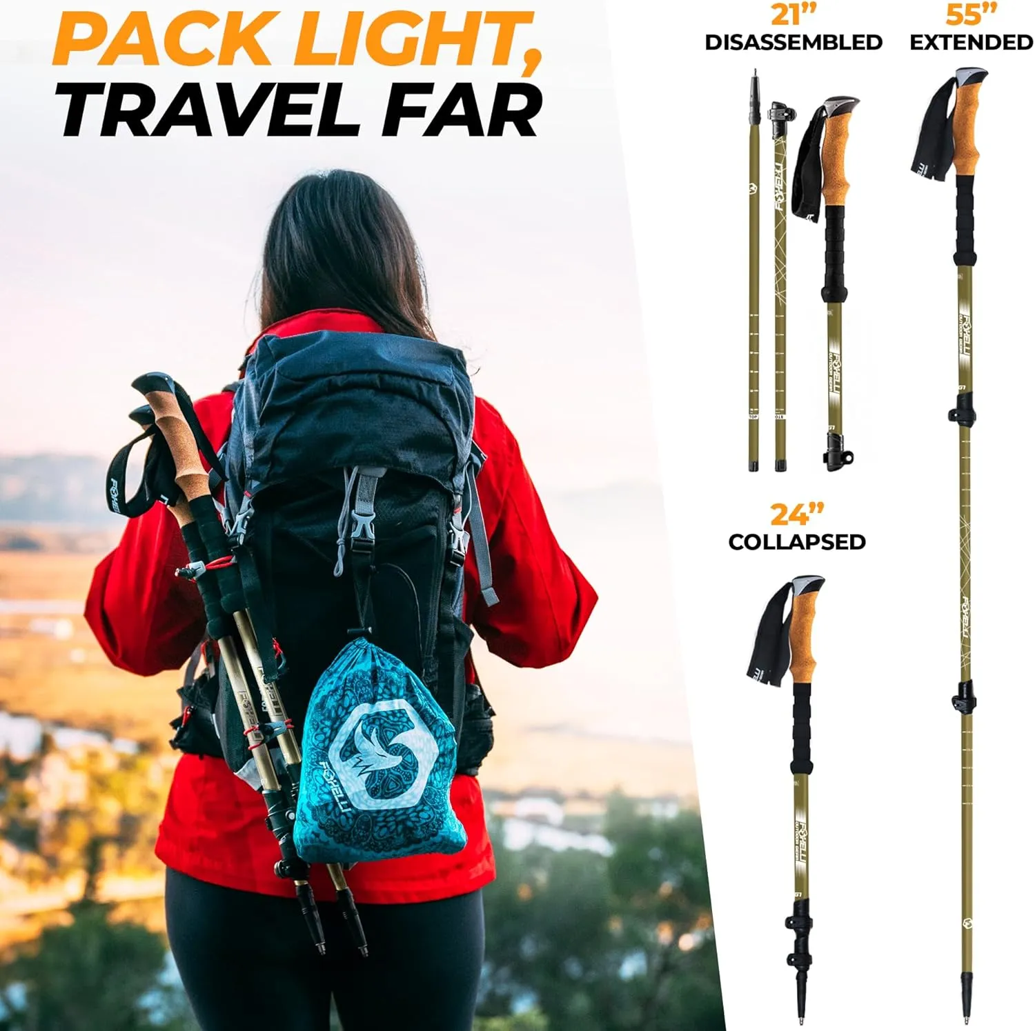 Foxelli Carbon Fiber Trekking Poles – Lightweight Collapsible & Shock-Absorbent Hiking Poles w/Cork Grips, Lever Locks & All Terrain Accessories