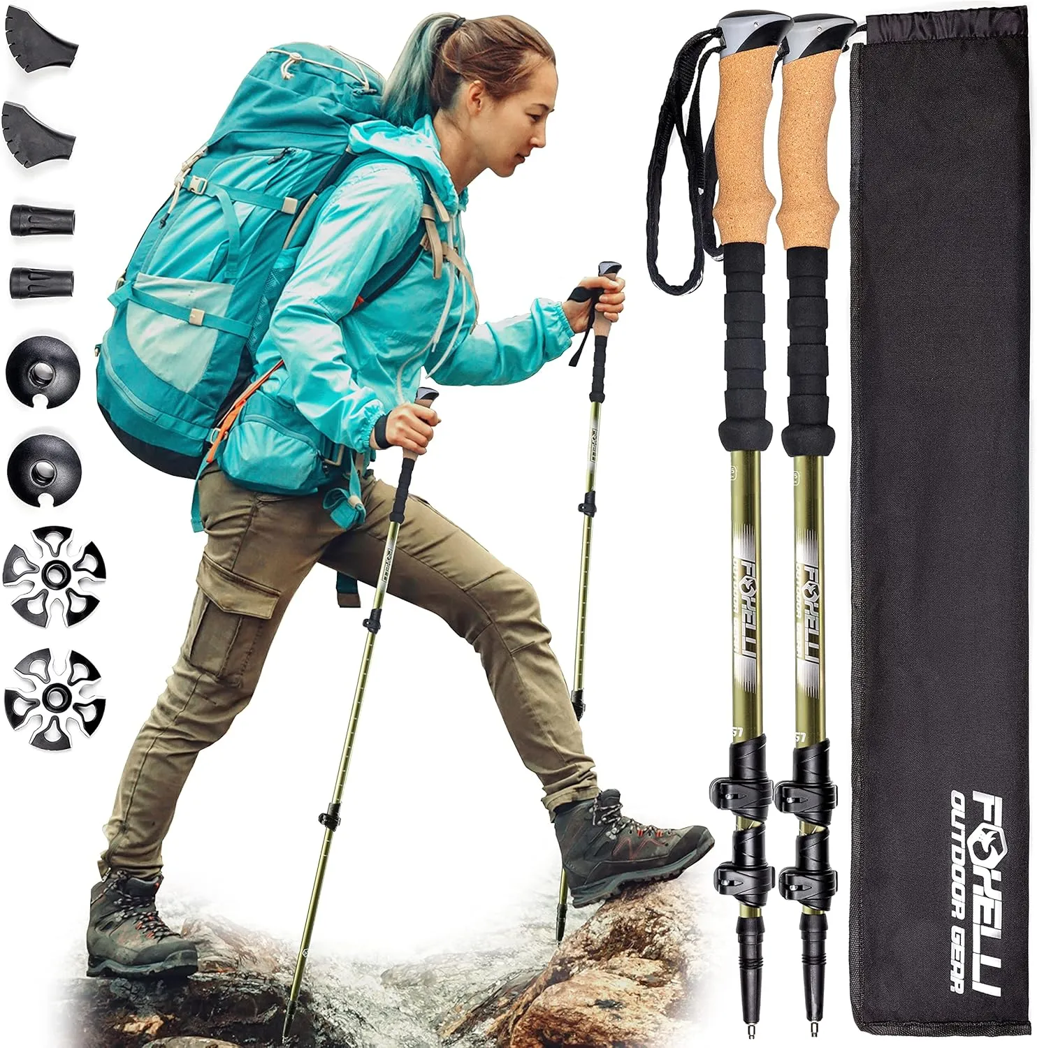 Foxelli Carbon Fiber Trekking Poles – Lightweight Collapsible & Shock-Absorbent Hiking Poles w/Cork Grips, Lever Locks & All Terrain Accessories