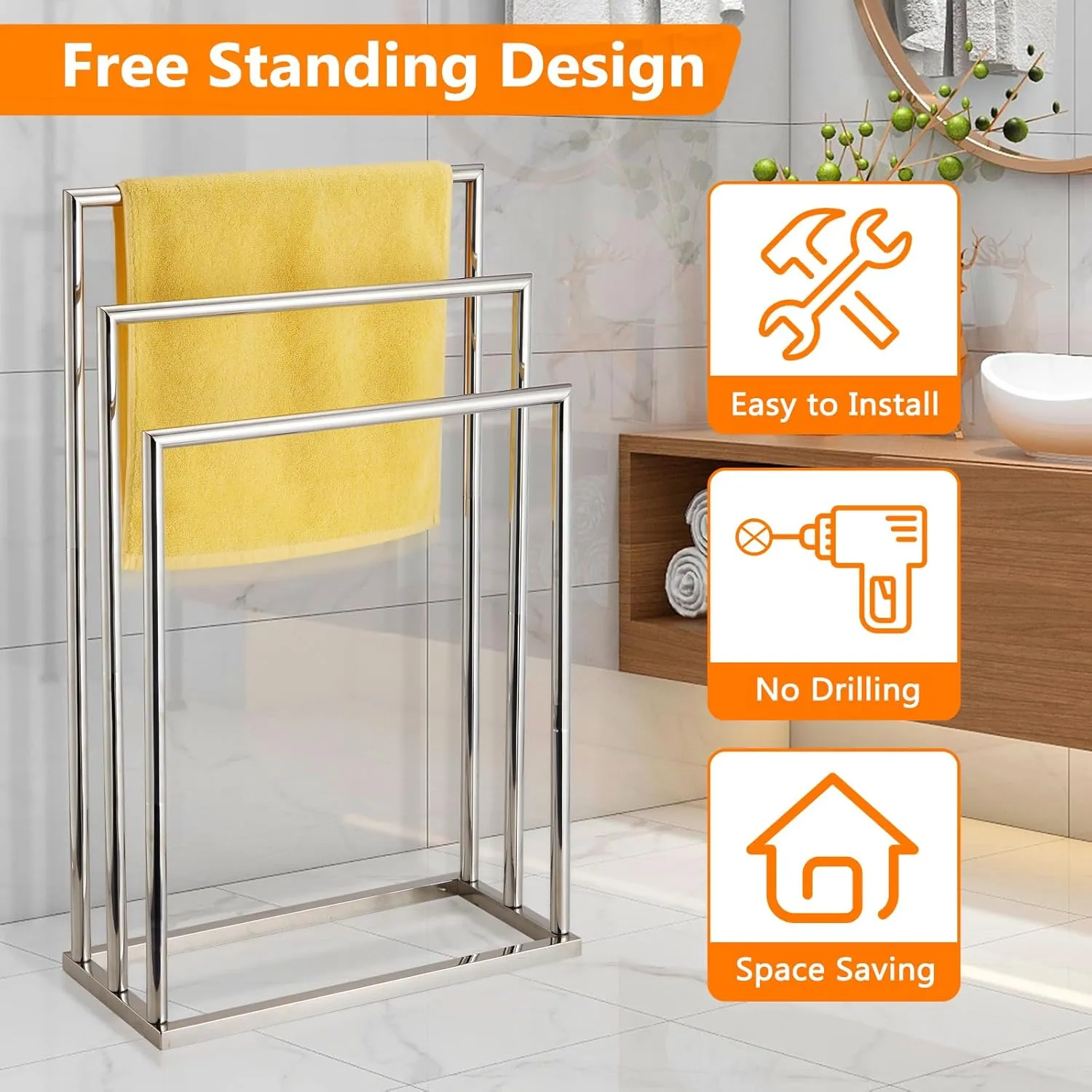 Free Standing Towel Racks for Bathroom, 3 Tier Stainless Steel Bathroom Towel Rack, Towel Drying Rack Stand for Outdoor Poolside, Blanket Holder, Chrome, DECLUTTR