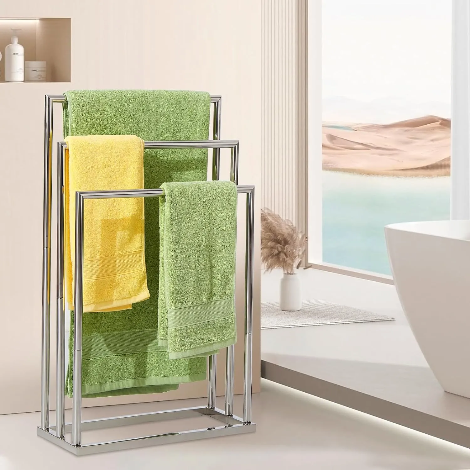 Free Standing Towel Racks for Bathroom, 3 Tier Stainless Steel Bathroom Towel Rack, Towel Drying Rack Stand for Outdoor Poolside, Blanket Holder, Chrome, DECLUTTR