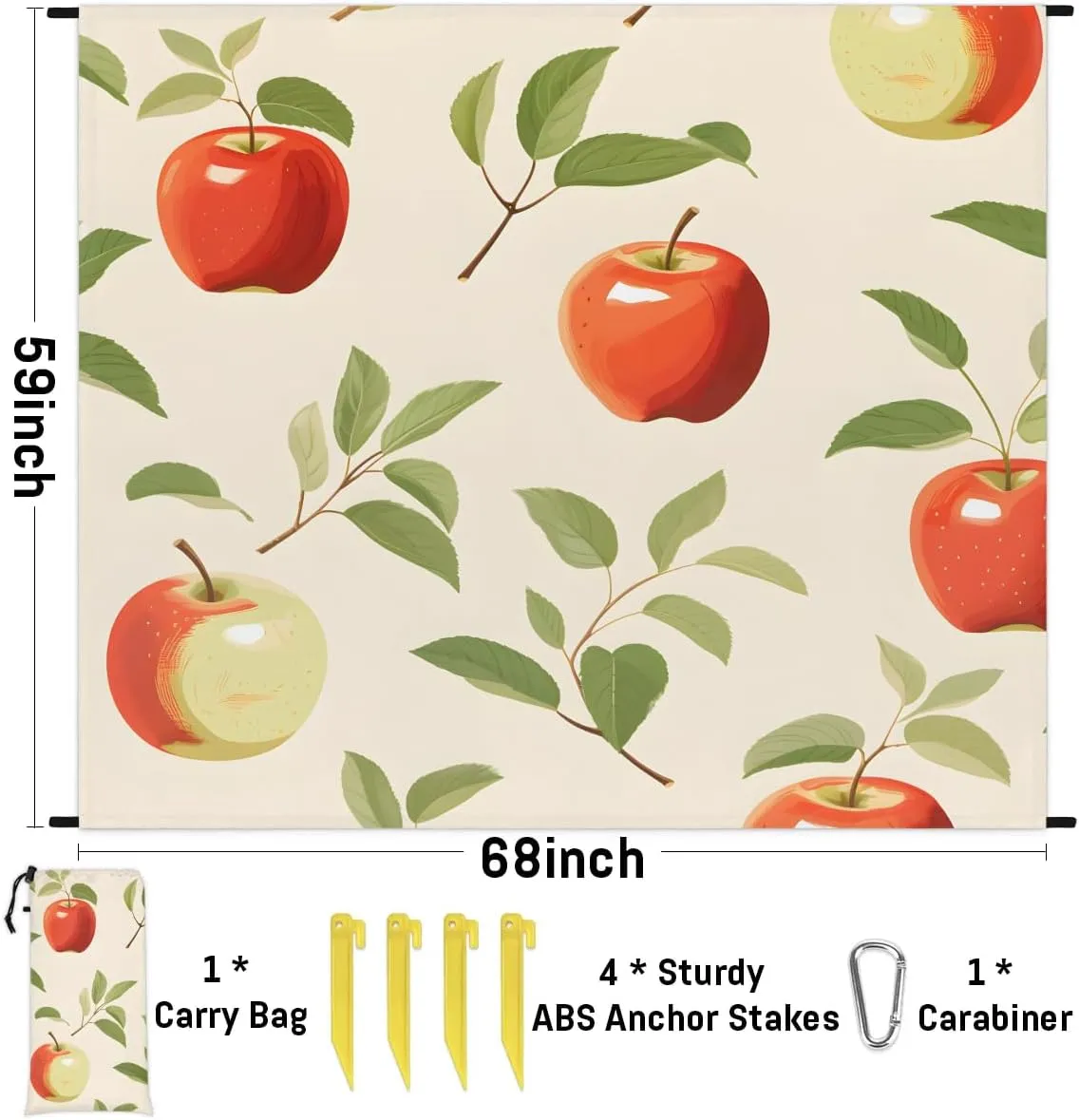 Fresh Red Apples Beach Blanket, Sandproof Beach Mat, 68 x 59 Waterproof Quick Drying Sand Free Mat with 4 x Ground Spikes for Outdoor Travel Camping Hiking, Fruit Apples