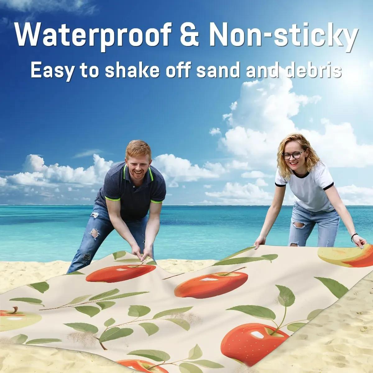 Fresh Red Apples Beach Blanket, Sandproof Beach Mat, 68 x 59 Waterproof Quick Drying Sand Free Mat with 4 x Ground Spikes for Outdoor Travel Camping Hiking, Fruit Apples