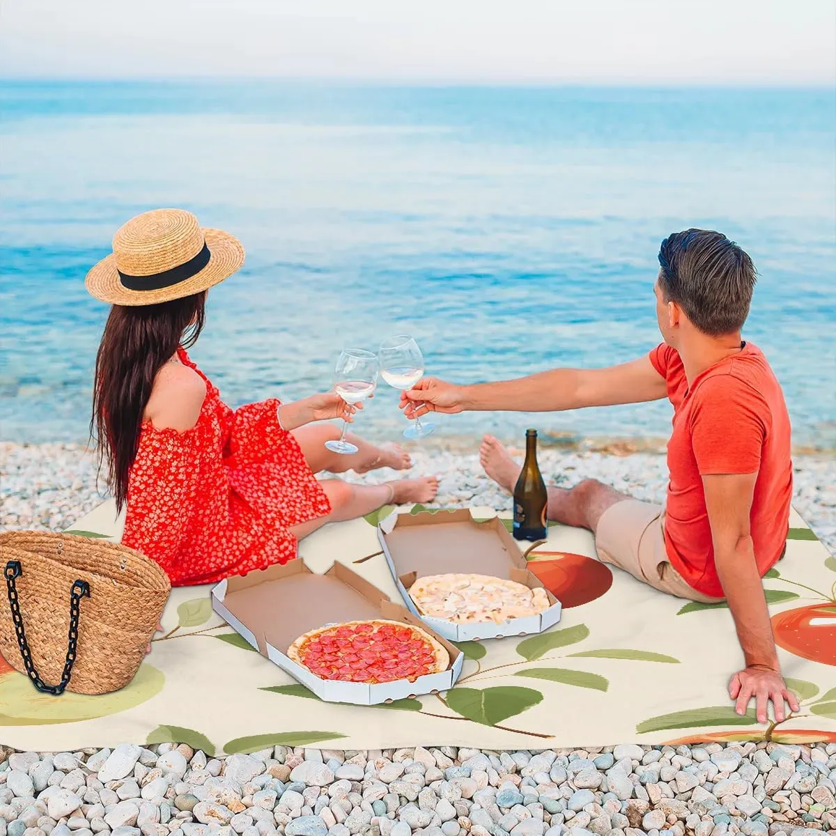 Fresh Red Apples Beach Blanket, Sandproof Beach Mat, 68 x 59 Waterproof Quick Drying Sand Free Mat with 4 x Ground Spikes for Outdoor Travel Camping Hiking, Fruit Apples
