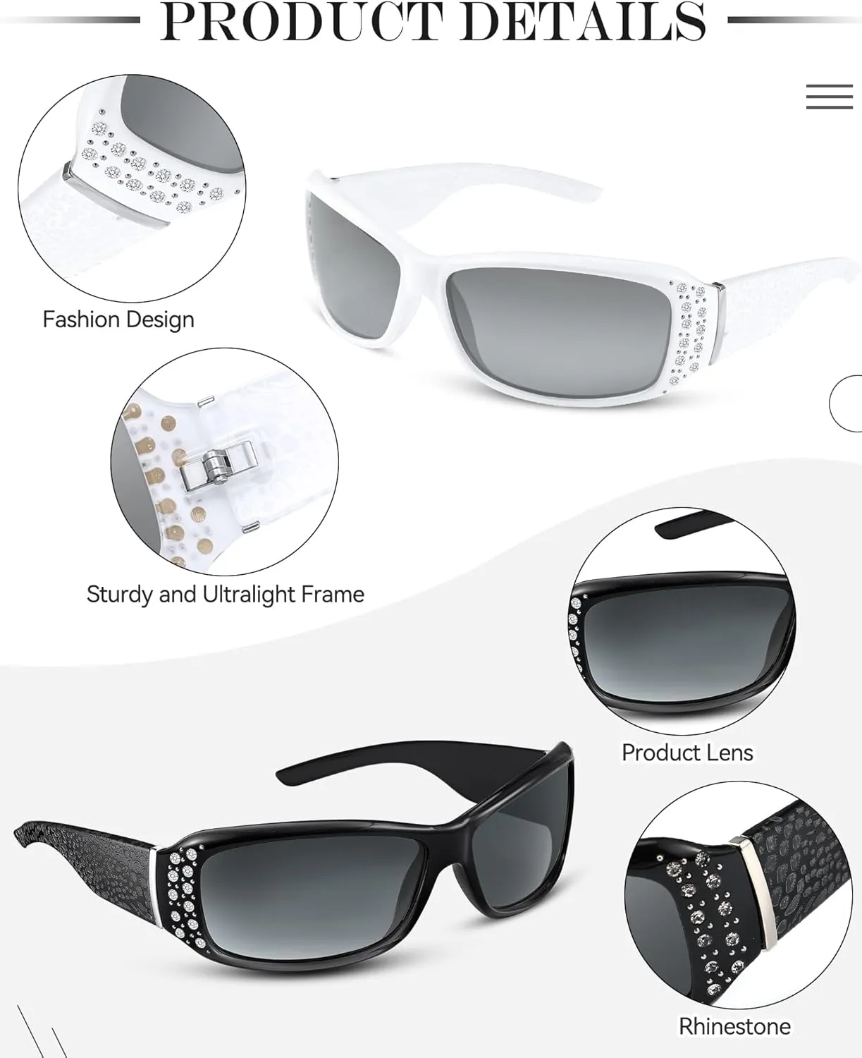Frienda 3 Pairs Rhinestone Sunglasses Women Men Retro Wrap Around Glasses Crystal Oversized Trendy Bling Vintage Sunglasses