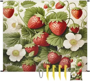 Fruits Beach Blanket, Sandproof Beach Mat, 68 x 59 Waterproof Quick Drying Sand Free Mat with 4 x Ground Spikes for Outdoor Travel Camping Hiking, Cute Strawberry Fruit