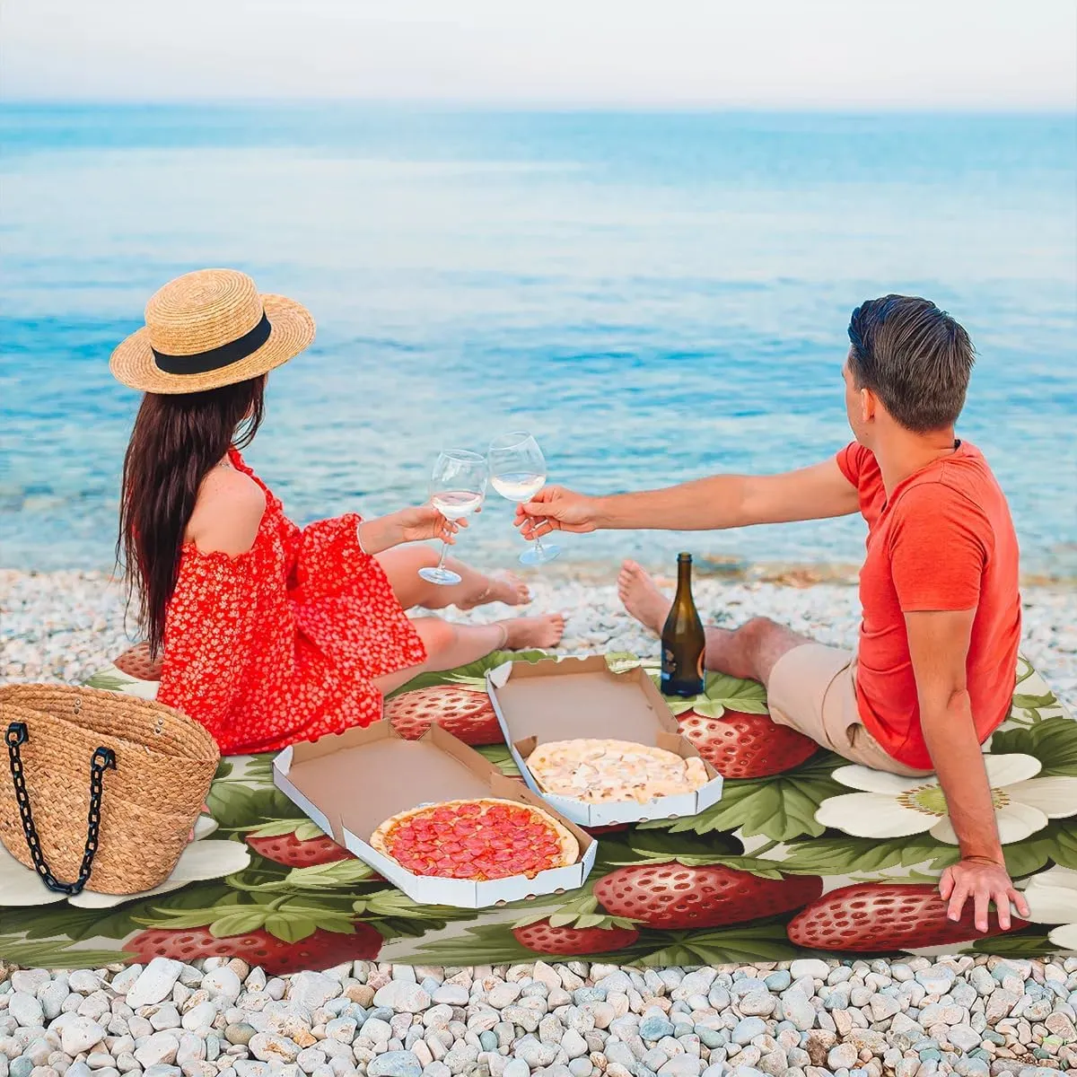 Fruits Beach Blanket, Sandproof Beach Mat, 68 x 59 Waterproof Quick Drying Sand Free Mat with 4 x Ground Spikes for Outdoor Travel Camping Hiking, Cute Strawberry Fruit