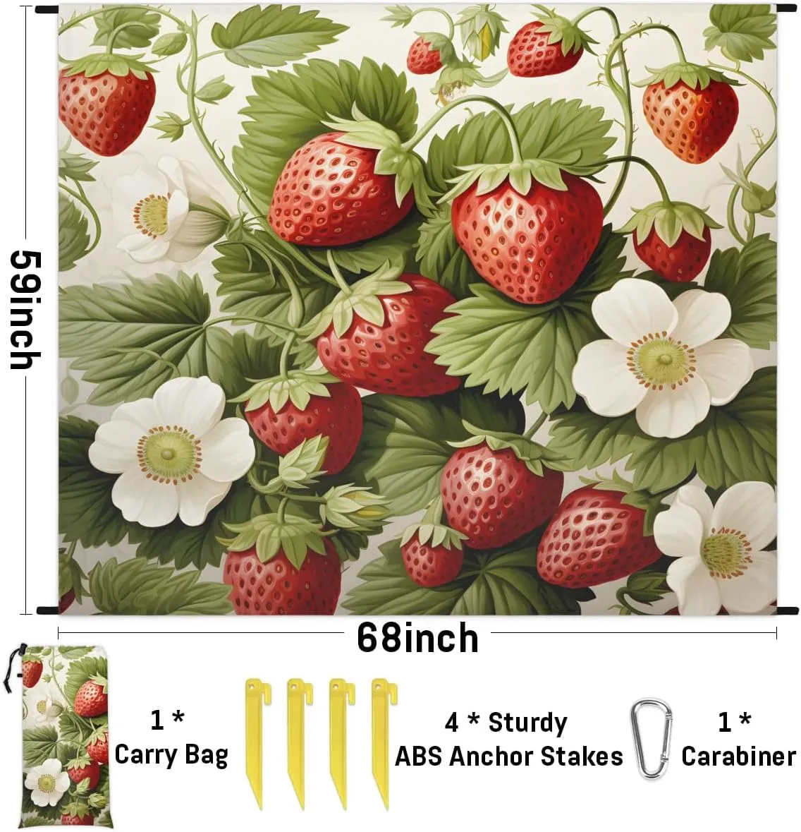 Fruits Beach Blanket, Sandproof Beach Mat, 68 x 59 Waterproof Quick Drying Sand Free Mat with 4 x Ground Spikes for Outdoor Travel Camping Hiking, Cute Strawberry Fruit