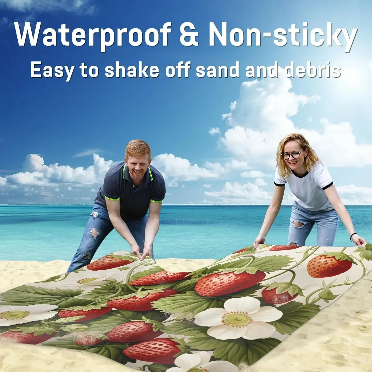 Fruits Beach Blanket, Sandproof Beach Mat, 68 x 59 Waterproof Quick Drying Sand Free Mat with 4 x Ground Spikes for Outdoor Travel Camping Hiking, Cute Strawberry Fruit