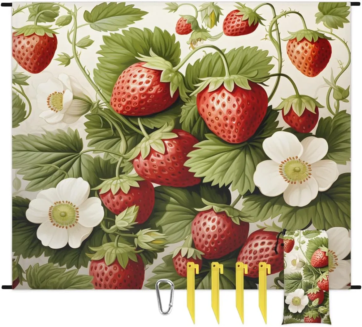 Fruits Beach Blanket, Sandproof Beach Mat, 68 x 59 Waterproof Quick Drying Sand Free Mat with 4 x Ground Spikes for Outdoor Travel Camping Hiking, Cute Strawberry Fruit