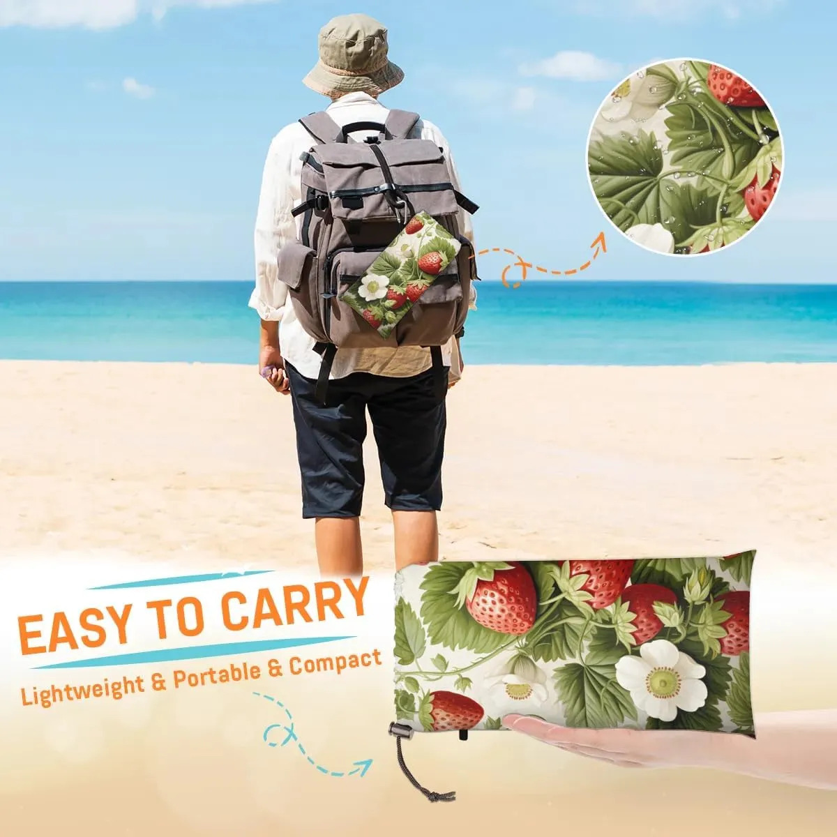 Fruits Beach Blanket, Sandproof Beach Mat, 68 x 59 Waterproof Quick Drying Sand Free Mat with 4 x Ground Spikes for Outdoor Travel Camping Hiking, Cute Strawberry Fruit