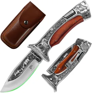 FULLHI 3.8" Folding Hunting Knife, Heavy Duty Pocket Knife, Etched Pattern, Wood Handle, 7CR17MOV Blade, Included Leather Sheath (Red wood)