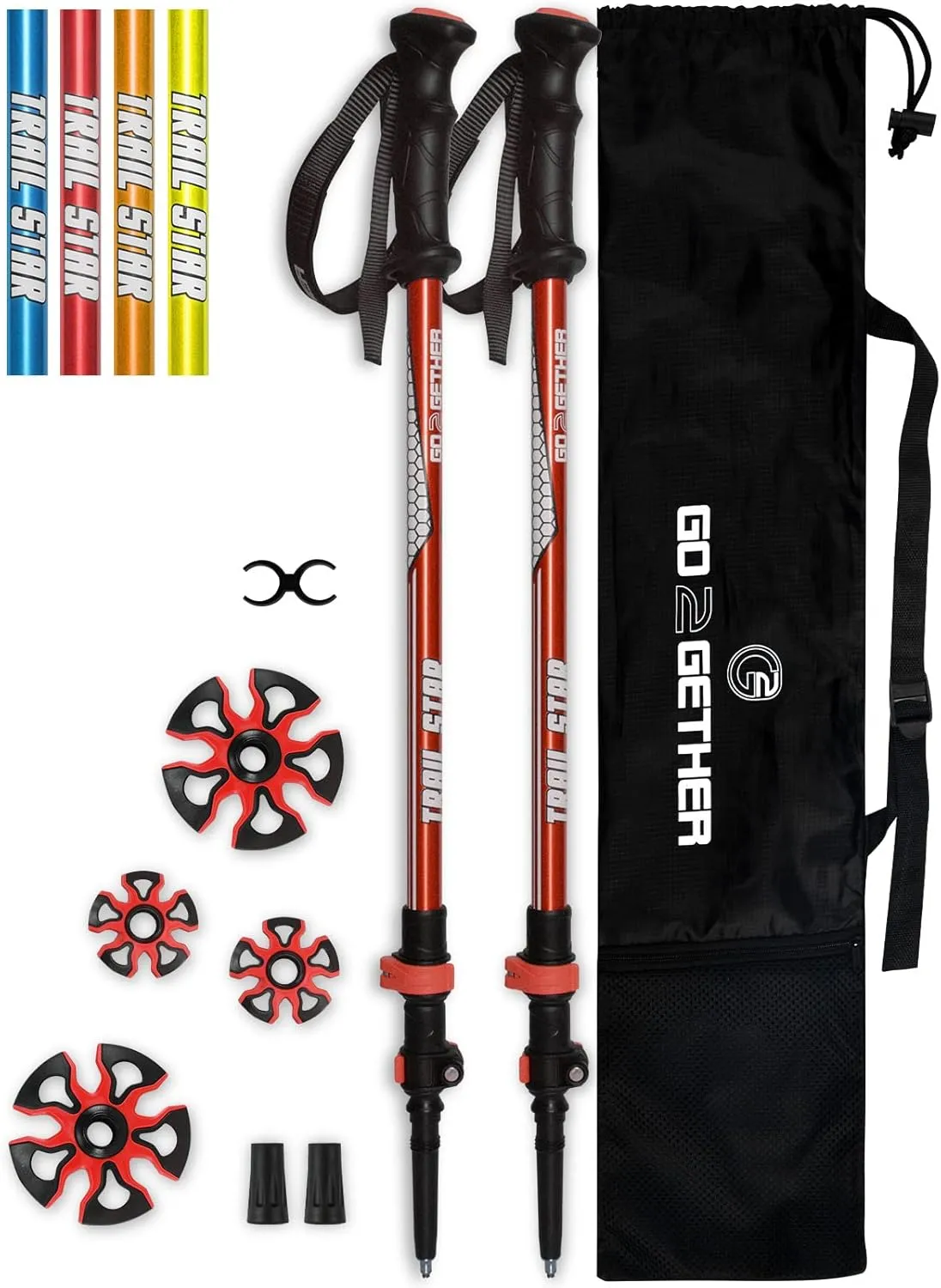 G2 Telescopic Trekking Poles/Aluminum Alloy/Comfort BMM Handle/Foam Padded Wrist Strap/Auto-Adjustable Strap/Quick Flip Lock/Snow Baskets Attached (Pack of 2 Poles), Orange/Blue/Yellow/Red