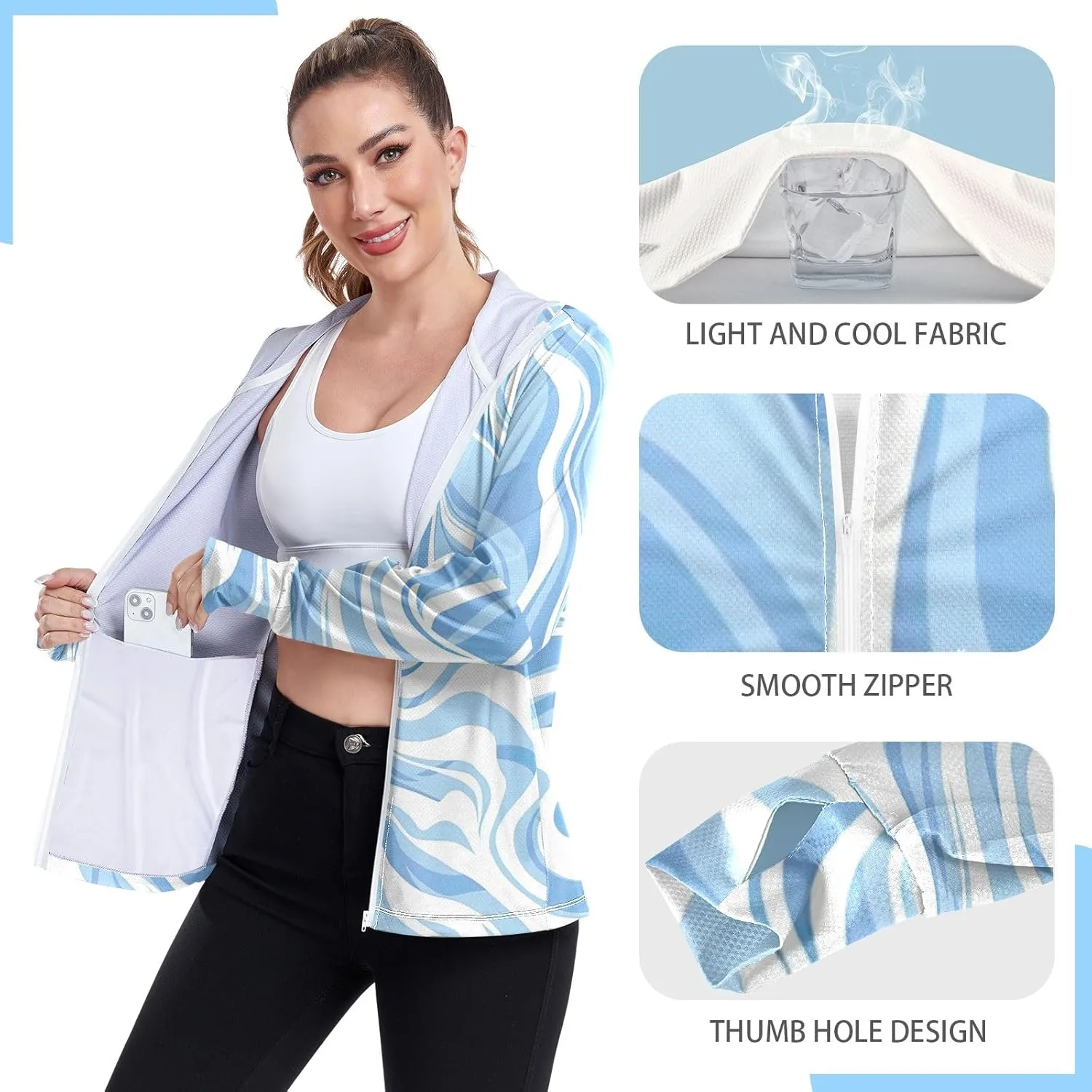 GAIGEO Blue Fish Stripes Women Jacket UPF 50  Uv Clothing for Women Sun Protection, Cooling and Lightweight, S