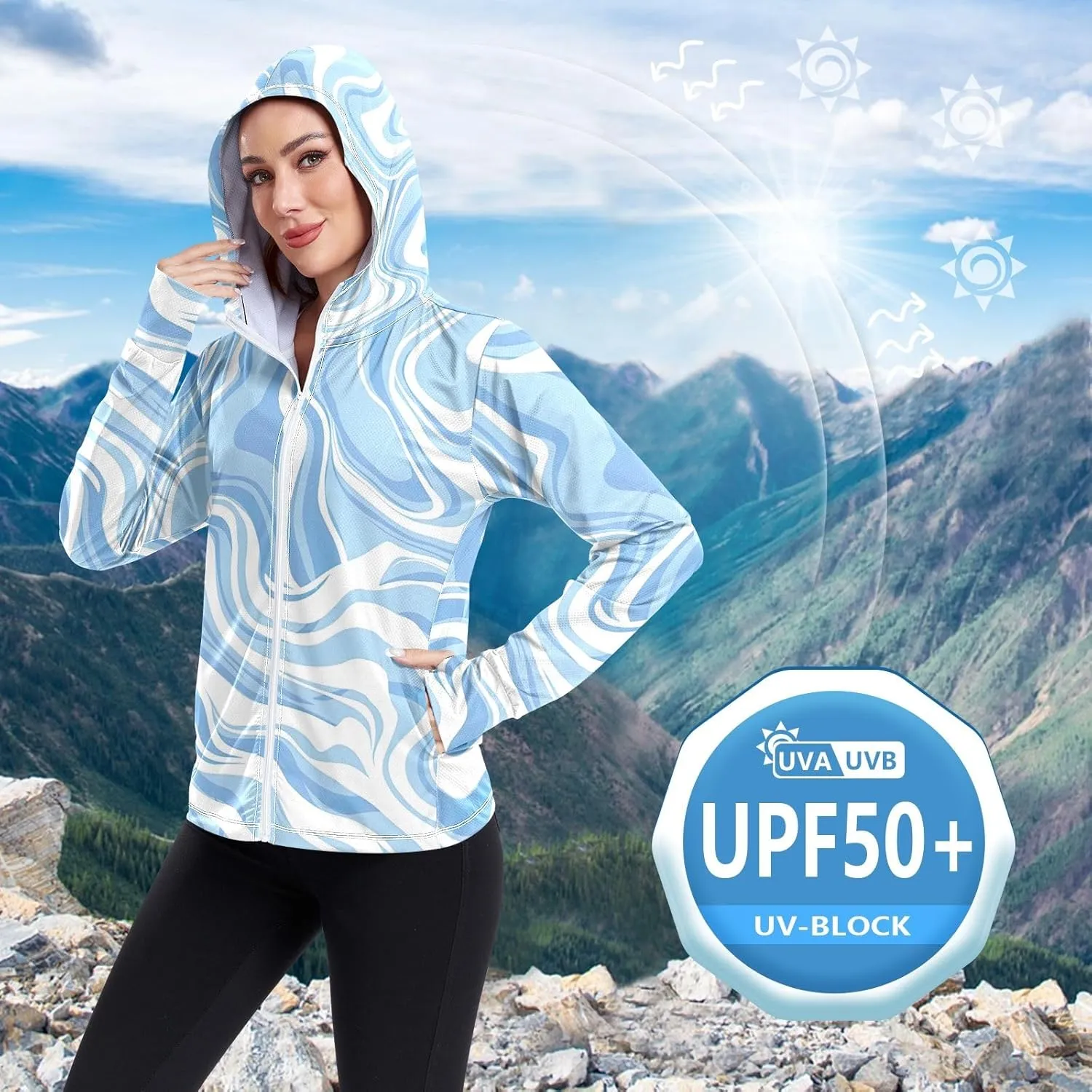 GAIGEO Blue Fish Stripes Women Jacket UPF 50  Uv Clothing for Women Sun Protection, Cooling and Lightweight, S