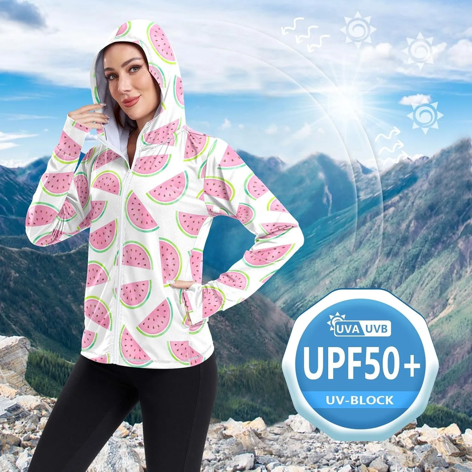 GAIGEO Cute Rabbit Doodle Style Women Jacket Breathable Women Uv Protection Clothing UPF 50 , with Zip Pockets, S