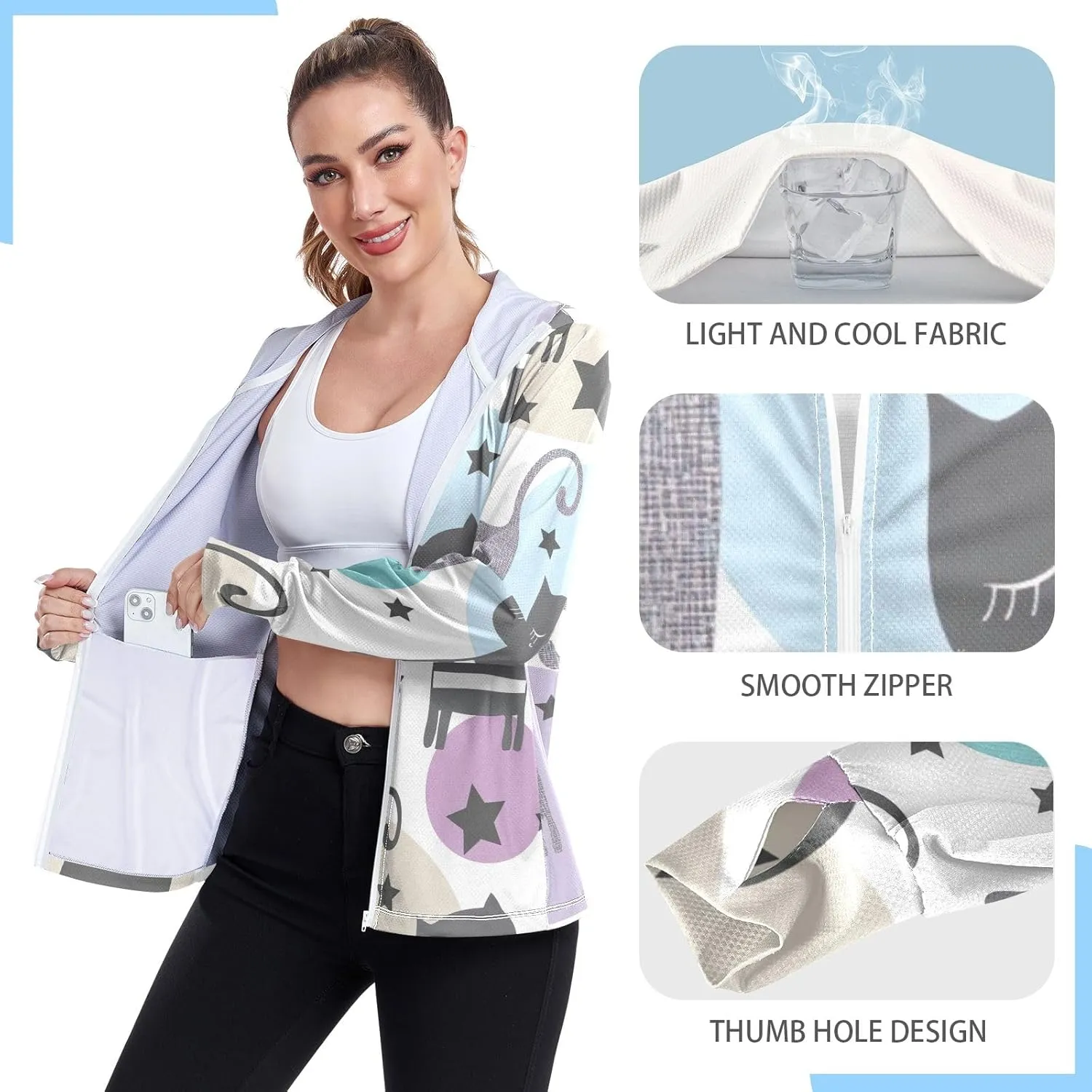 GAIGEO Tropical Palm Trees Leafs Blue Women Jacket XL Upf Clothing Women with Thumb Holes and Pockets