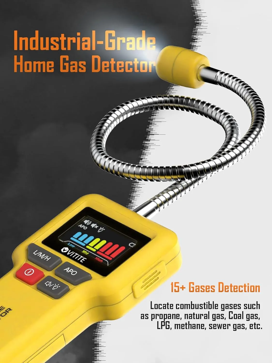 Gas Leak Detector, VITITE Natural and Propane Gas Detector for Home and RV, with Illuminated Flexible Probe, Locating The Source of Combustible Gas Leaks (Includes Battery x3 & Storage Bag) - Yellow