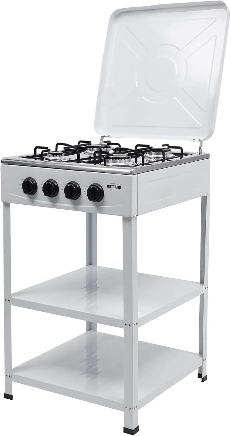 Gas Stove, 4 Burners Gas Stove, Manual Ignition Camping Stove with Support Leg Stand and Wind Blocking Cover Adapter, Portable Gas Stove for RV, Apartment, Outdoor Cooking (White)