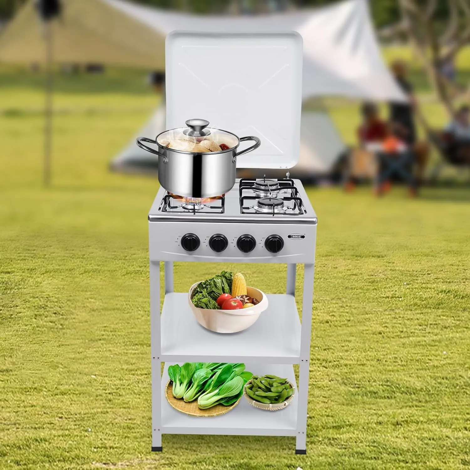 Gas Stove, 4 Burners Gas Stove, Manual Ignition Camping Stove with Support Leg Stand and Wind Blocking Cover Adapter, Portable Gas Stove for RV, Apartment, Outdoor Cooking (White)