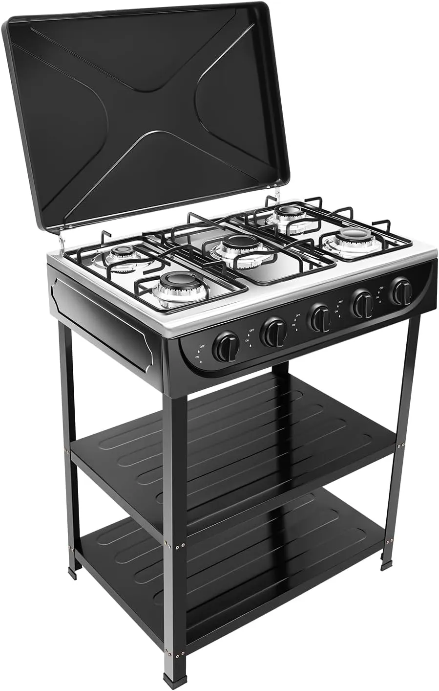 Gas Stove Outdoor Camping Stove,Portable 5-Burner Auto Ignition Propane Stove Stand, Freestanding Rectangular Gas Cooktop, Cooking Stove For Rv Apartment Outdoor Cooking, Black