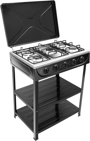 Gas Stove Outdoor Camping Stove,Portable 5-Burner Auto Ignition Propane Stove Stand, Freestanding Rectangular Gas Cooktop, Cooking Stove For Rv Apartment Outdoor Cooking, Black