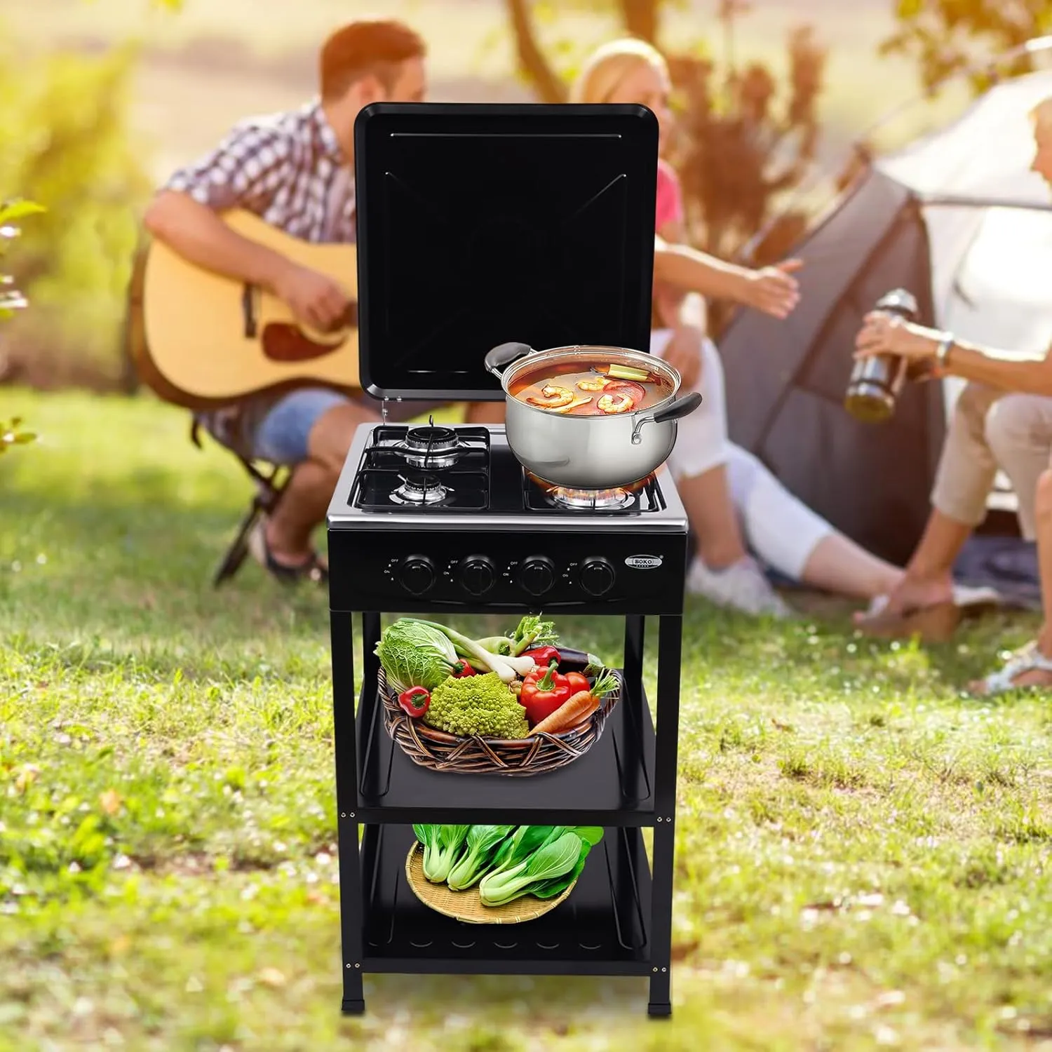 Gas Stove Portable Stove 4 Burner with Support Leg Stand, Wind Blocking Cover Adapter and 2 Layers Storage Rack Manual Lgnition Camping Stove for RV, Apartment, Outdoor Cooking(Black 4 Burner)