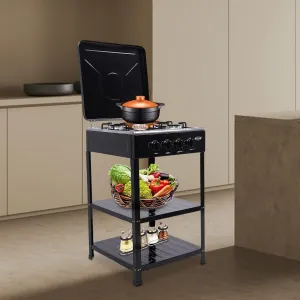 Gas Stove Portable Stove 4 Burner with Support Leg Stand, Wind Blocking Cover Adapter and 2 Layers Storage Rack Manual Lgnition Camping Stove for RV, Apartment, Outdoor Cooking(Black 4 Burner)