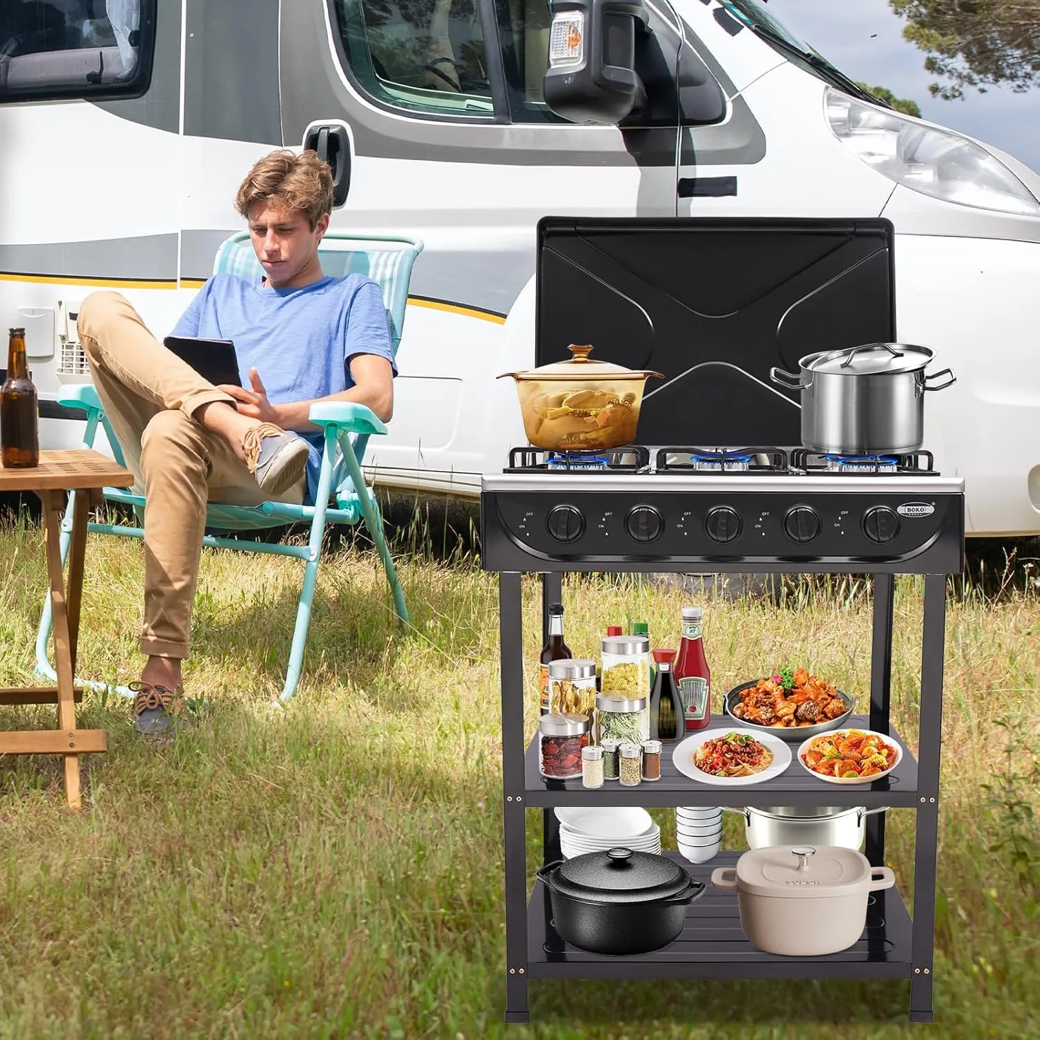 Gas Stove Portable Stove 5 Burner with Support Leg Stand, Wind Blocking Cover Adapter and 2 Layers Storage Rack Manual Lgnition Camping Stove for RV Apartment Home Outdoor Use (Black 5 Burner)