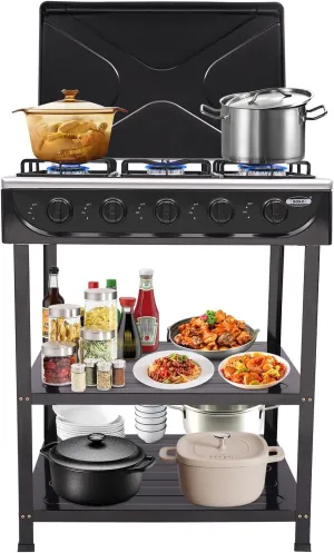 Gas Stove Portable Stove 5 Burner with Support Leg Stand, Wind Blocking Cover Adapter and 2 Layers Storage Rack Manual Lgnition Camping Stove for RV Apartment Home Outdoor Use (Black 5 Burner)