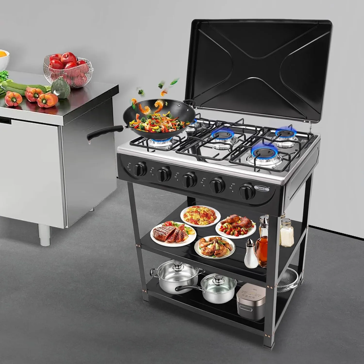Gas Stove Portable Stove 5 Burner with Support Leg Stand, Wind Blocking Cover Adapter and 2 Layers Storage Rack Manual Lgnition Camping Stove for RV Apartment Home Outdoor Use (Black 5 Burner)