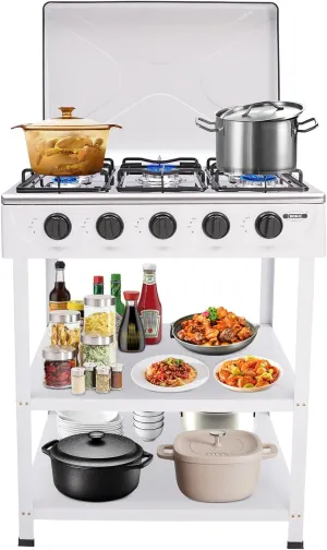 Gas Stove with 5 Burners, Portable Outdoor Gas Stove with Wind Shield and 2 Storage Shelves Camping Stove for RV, Apartment, Outdoor Cooking (White)