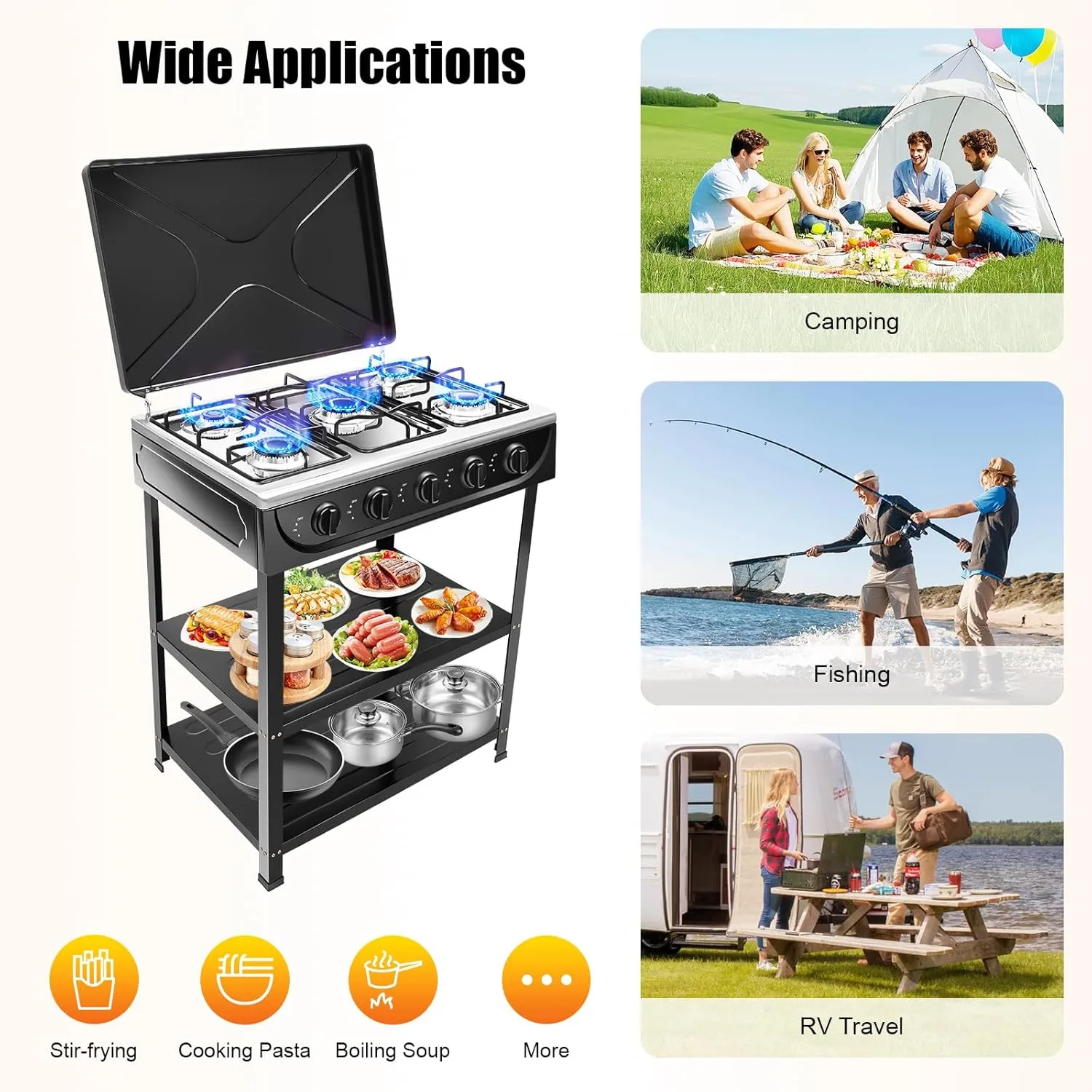Gas Stove,5 Burner Gas Stove Portable Outdoor Stove with Removable Storage Stand,Stainless Steel Gas Cooker with Cover for Camping Picnic (Black, 5 Burners)