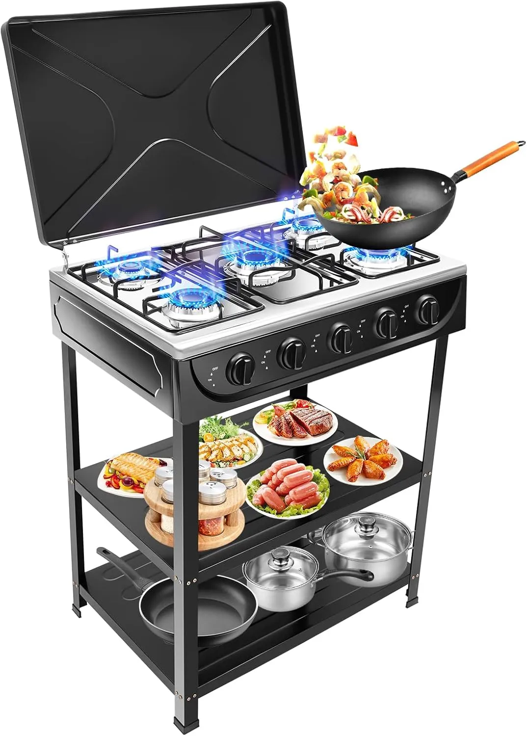 Gas Stove,5 Burner Gas Stove Portable Outdoor Stove with Removable Storage Stand,Stainless Steel Gas Cooker with Cover for Camping Picnic (Black, 5 Burners)