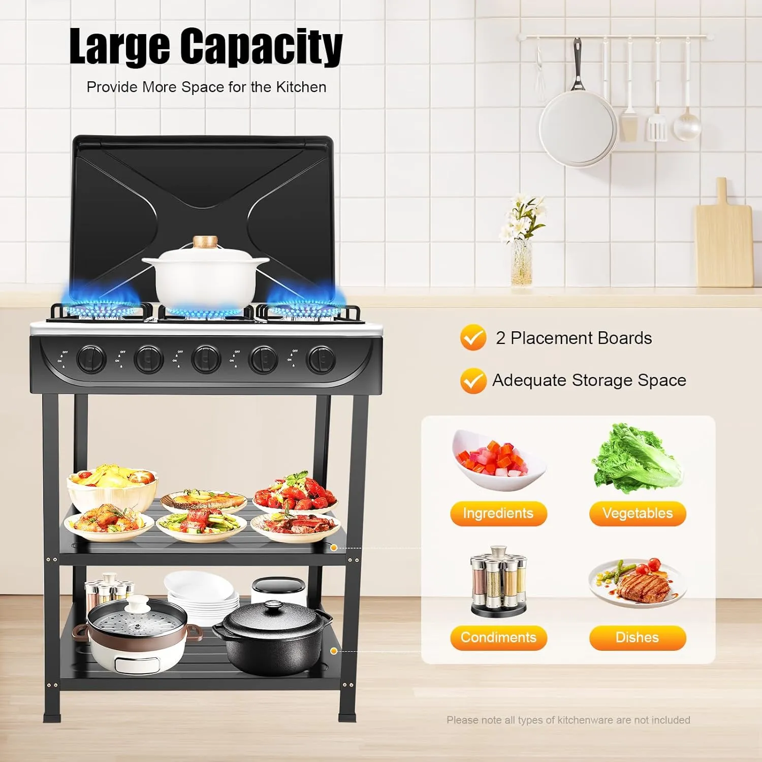 Gas Stove,5 Burner Gas Stove Portable Outdoor Stove with Removable Storage Stand,Stainless Steel Gas Cooker with Cover for Camping Picnic (Black, 5 Burners)