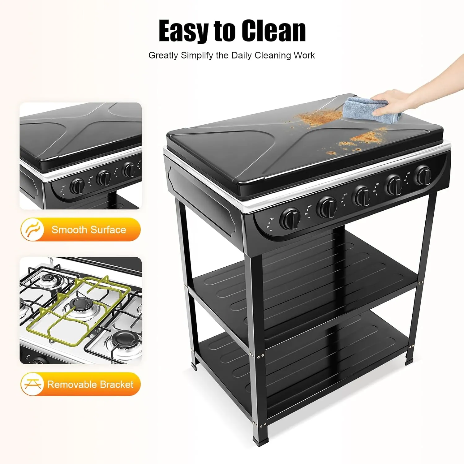 Gas Stove,5 Burner Gas Stove Portable Outdoor Stove with Removable Storage Stand,Stainless Steel Gas Cooker with Cover for Camping Picnic (Black, 5 Burners)
