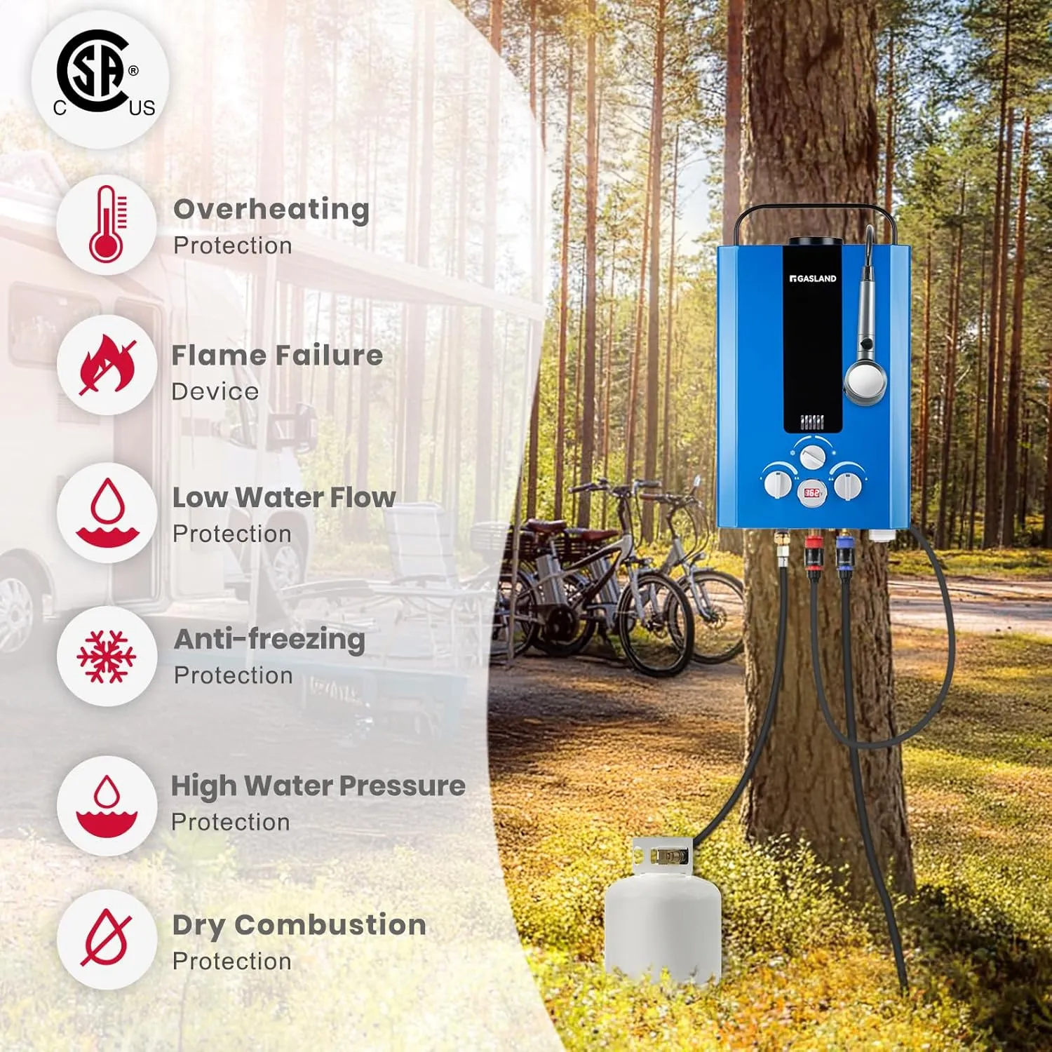 GASLAND Outdoors Propane Tankless Water Heater,1.58GPM 6L Portable Gas Water Heater, Overheating Protection, Easy to Install, Use for RV Cabin Barn Camping Boat, Blue, BE158L