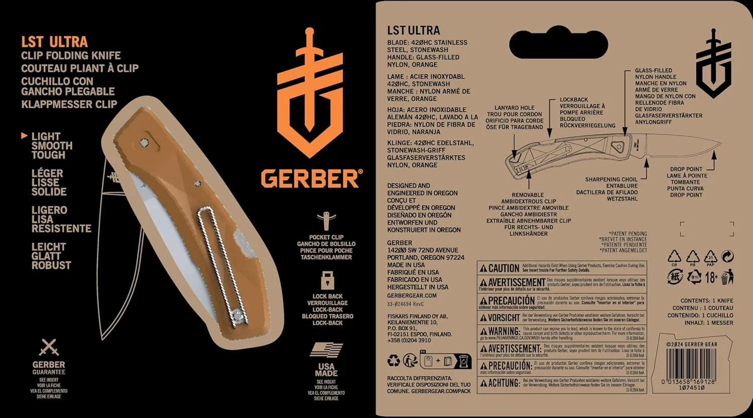 Gerber Gear LST Ultra - Lightweight EDC Knife - Survival Tactical Tool for Hiking, Camping & Outdoor - Compact Folding Pocket Knife - Stainless Steel Blade - Made in USA - Orange