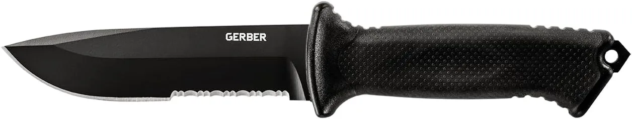 Gerber Gear Prodigy Fixed Blade Survival Tactical Knife - Full Tang, Serrated Edge Knife - American High Carbon Steel Blade - Molded Soft-Grip - with Protective MOLLE Sheath - Black